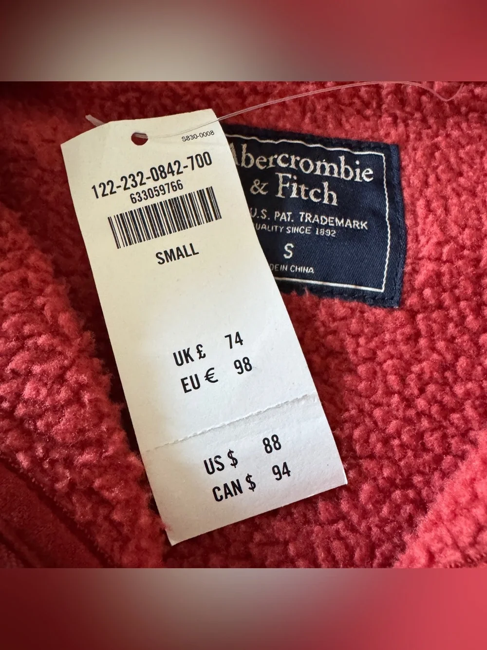 NWT Abercrombie & Fitch Sherpa Lined Full Zip Hoodie Heather Red Small